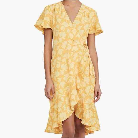 Joie SZ S Yellow Floral Amelian Wrap Dress Flutter Sleeves EUC $398 Summer - Picture 2 of 7